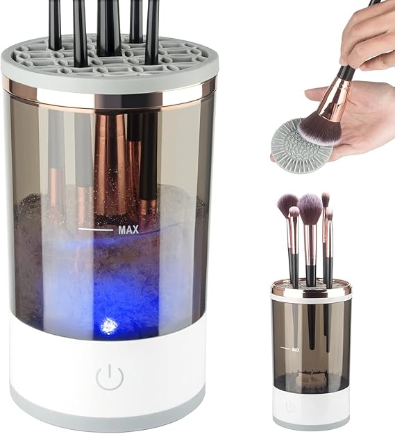 Efficient Electric Makeup Brush Cleaner Machine,Automatic Makeup Brush Cleaner for 3-4 Brushes at a Time,7000 RPM Ensures Thorough Cleaning, Includes Silicone Pad- Charging model(Dark Brown)